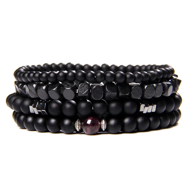4Pcs/Set Natural Stone Bracelets Black Onyx Wood Hematite Beaded Bracelet Set For Men Vintage Cool Bangle Classic Pulsera Hombre
