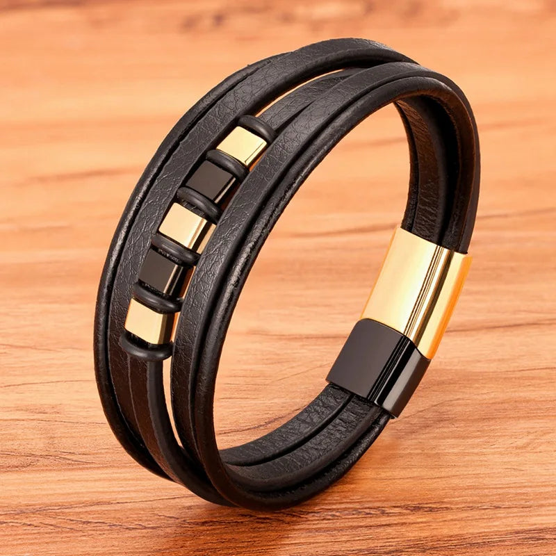 TYO Hot Sale Multilayer Braided Wrap Leather Bracelets For Men Stainless Steel Charm Magnetic Clasp Rock Handmade Bangles Gift