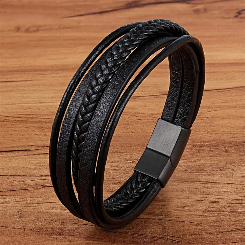 TYO Hot Sale Multilayer Braided Wrap Leather Bracelets For Men Stainless Steel Charm Magnetic Clasp Rock Handmade Bangles Gift