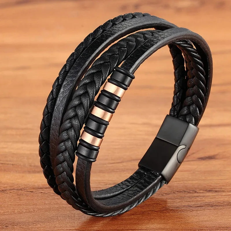 TYO Hot Sale Multilayer Braided Wrap Leather Bracelets For Men Stainless Steel Charm Magnetic Clasp Rock Handmade Bangles Gift
