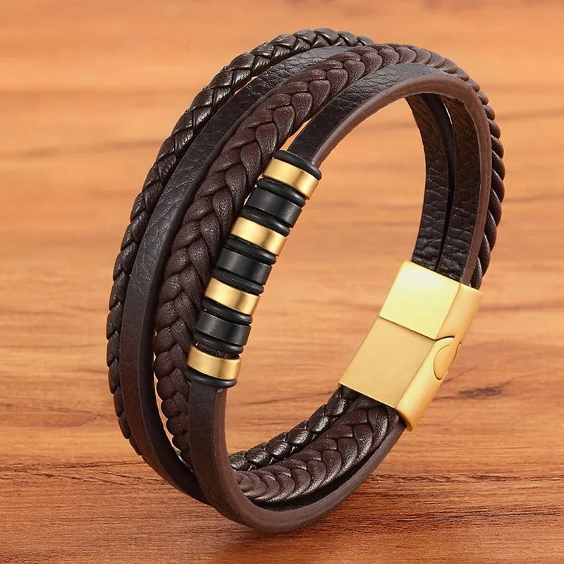 TYO Hot Sale Multilayer Braided Wrap Leather Bracelets For Men Stainless Steel Charm Magnetic Clasp Rock Handmade Bangles Gift