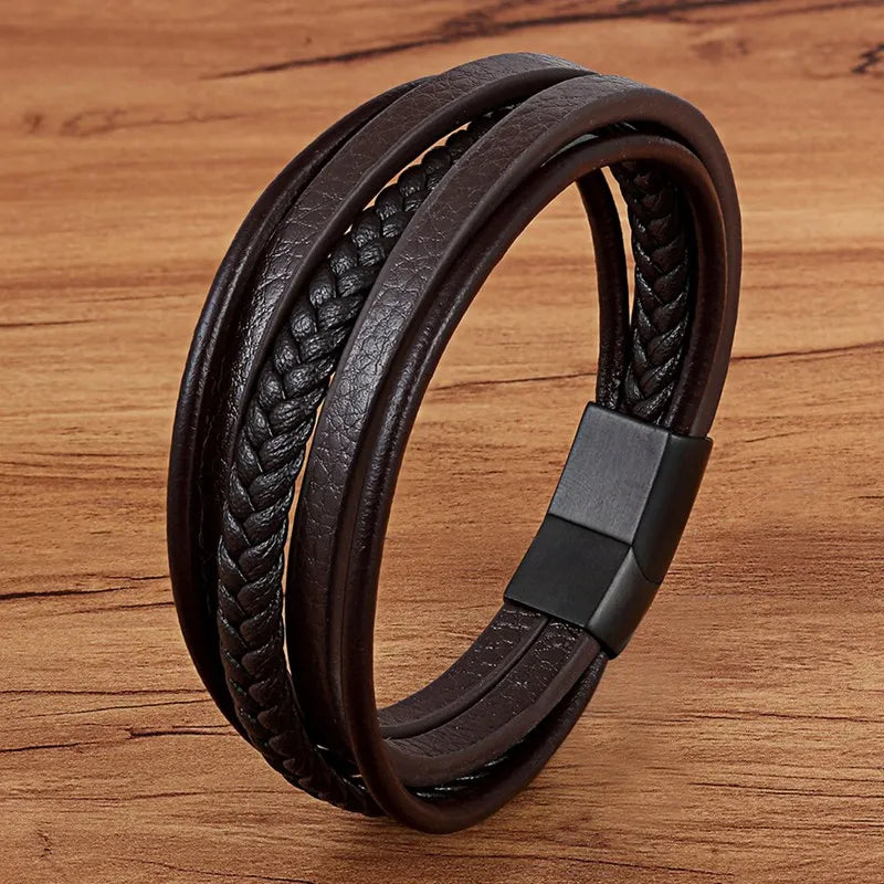 TYO Hot Sale Multilayer Braided Wrap Leather Bracelets For Men Stainless Steel Charm Magnetic Clasp Rock Handmade Bangles Gift