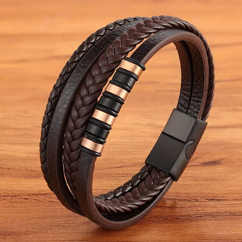 TYO Hot Sale Multilayer Braided Wrap Leather Bracelets For Men Stainless Steel Charm Magnetic Clasp Rock Handmade Bangles Gift