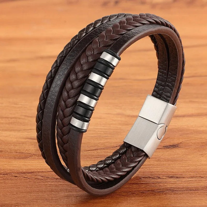 TYO Hot Sale Multilayer Braided Wrap Leather Bracelets For Men Stainless Steel Charm Magnetic Clasp Rock Handmade Bangles Gift