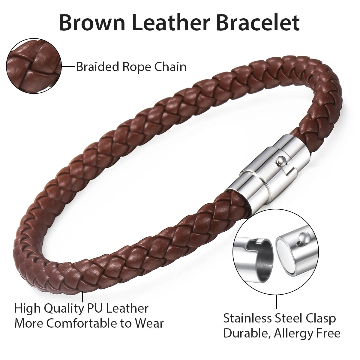 Classic Men's Leather Bracelet Retro Brown Black Braided Bracelets Stainless Steel Magnet Clasp Simple Jewelry Gift For Him Dad