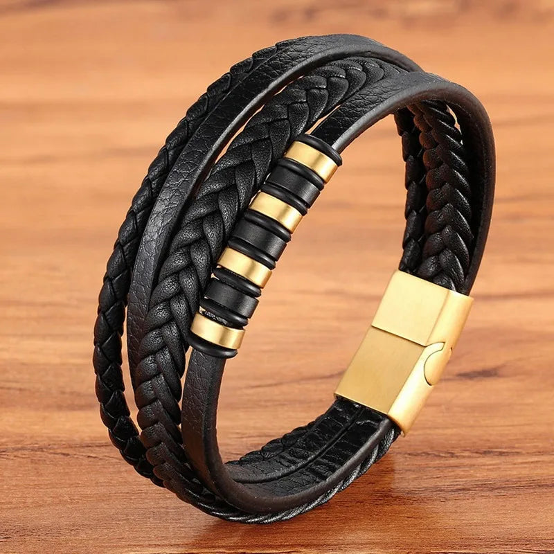 TYO Hot Sale Multilayer Braided Wrap Leather Bracelets For Men Stainless Steel Charm Magnetic Clasp Rock Handmade Bangles Gift