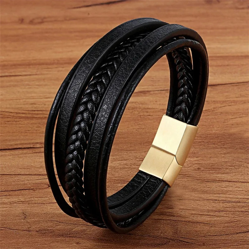 TYO Hot Sale Multilayer Braided Wrap Leather Bracelets For Men Stainless Steel Charm Magnetic Clasp Rock Handmade Bangles Gift