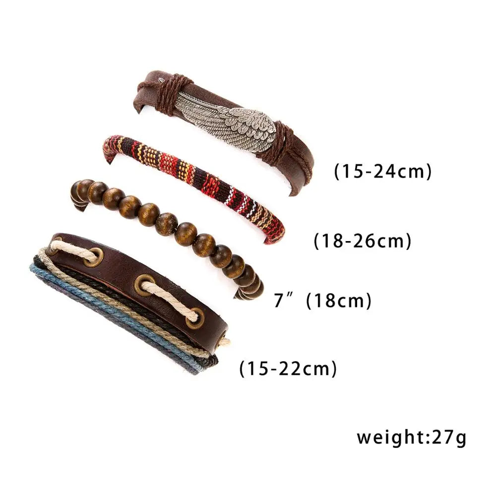 4PCS/SET Vintage Leaf Pendant Rice Beads Adjustable Rope Chain Bracelet Punk Braided Wrap Wristbands For Men Fashion Jewelry