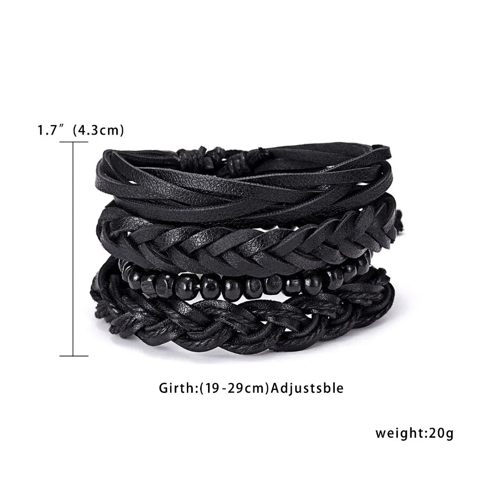 4PCS/SET Vintage Leaf Pendant Rice Beads Adjustable Rope Chain Bracelet Punk Braided Wrap Wristbands For Men Fashion Jewelry
