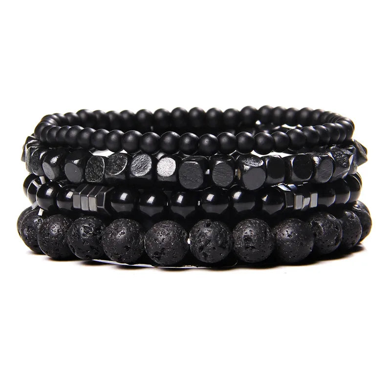 4Pcs/Set Natural Stone Bracelets Black Onyx Wood Hematite Beaded Bracelet Set For Men Vintage Cool Bangle Classic Pulsera Hombre