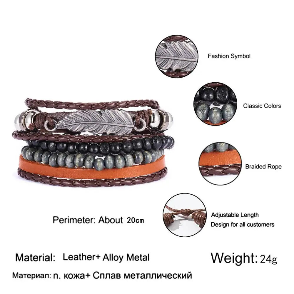 4PCS/SET Vintage Leaf Pendant Rice Beads Adjustable Rope Chain Bracelet Punk Braided Wrap Wristbands For Men Fashion Jewelry