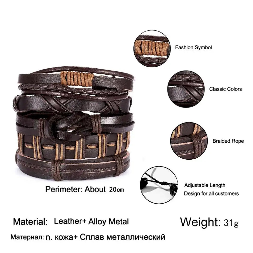 4PCS/SET Vintage Leaf Pendant Rice Beads Adjustable Rope Chain Bracelet Punk Braided Wrap Wristbands For Men Fashion Jewelry