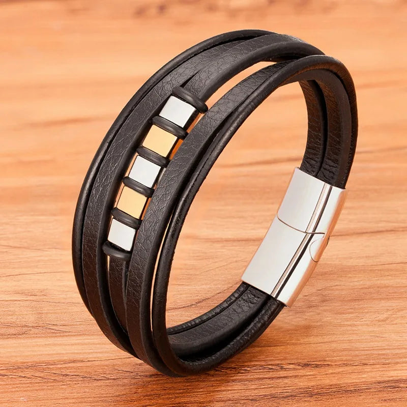 TYO Hot Sale Multilayer Braided Wrap Leather Bracelets For Men Stainless Steel Charm Magnetic Clasp Rock Handmade Bangles Gift