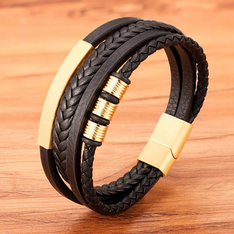 TYO Hot Sale Multilayer Braided Wrap Leather Bracelets For Men Stainless Steel Charm Magnetic Clasp Rock Handmade Bangles Gift