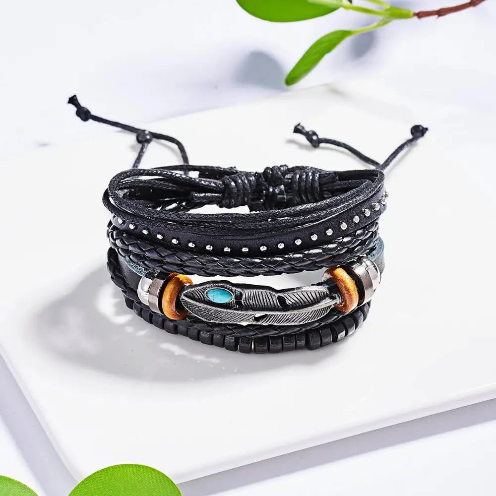 4PCS/SET Vintage Leaf Pendant Rice Beads Adjustable Rope Chain Bracelet Punk Braided Wrap Wristbands For Men Fashion Jewelry