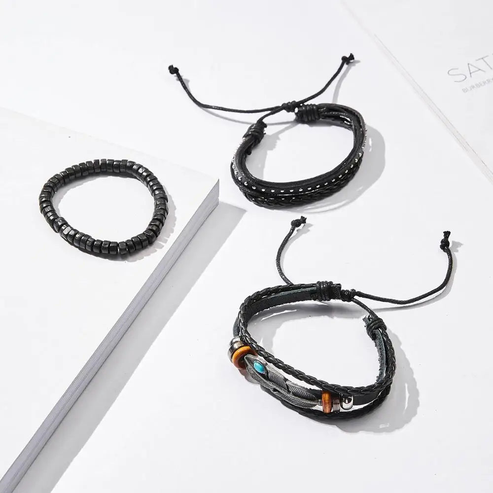 4PCS/SET Vintage Leaf Pendant Rice Beads Adjustable Rope Chain Bracelet Punk Braided Wrap Wristbands For Men Fashion Jewelry