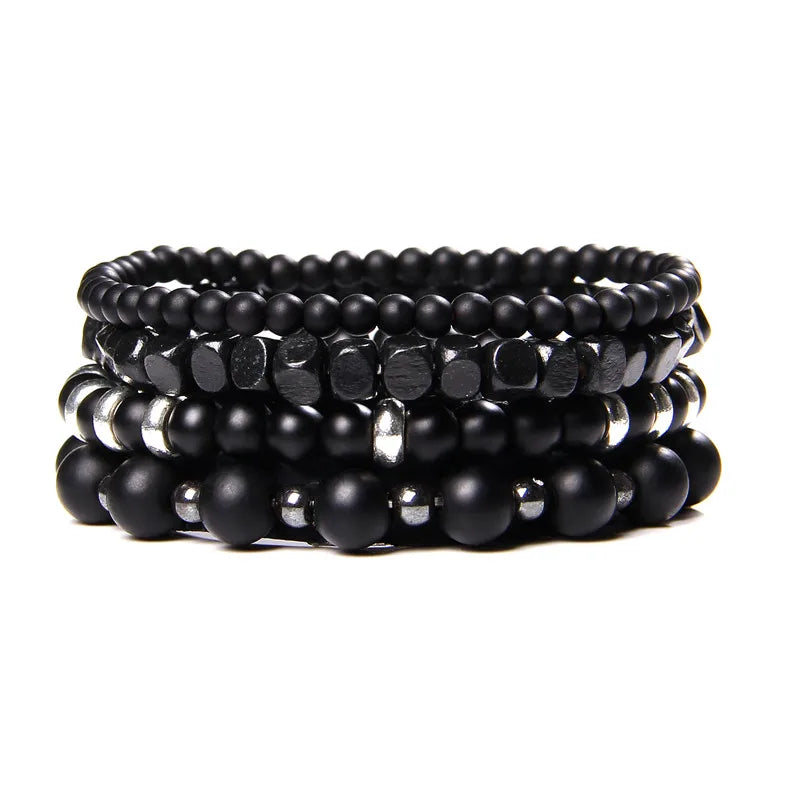 4Pcs/Set Natural Stone Bracelets Black Onyx Wood Hematite Beaded Bracelet Set For Men Vintage Cool Bangle Classic Pulsera Hombre