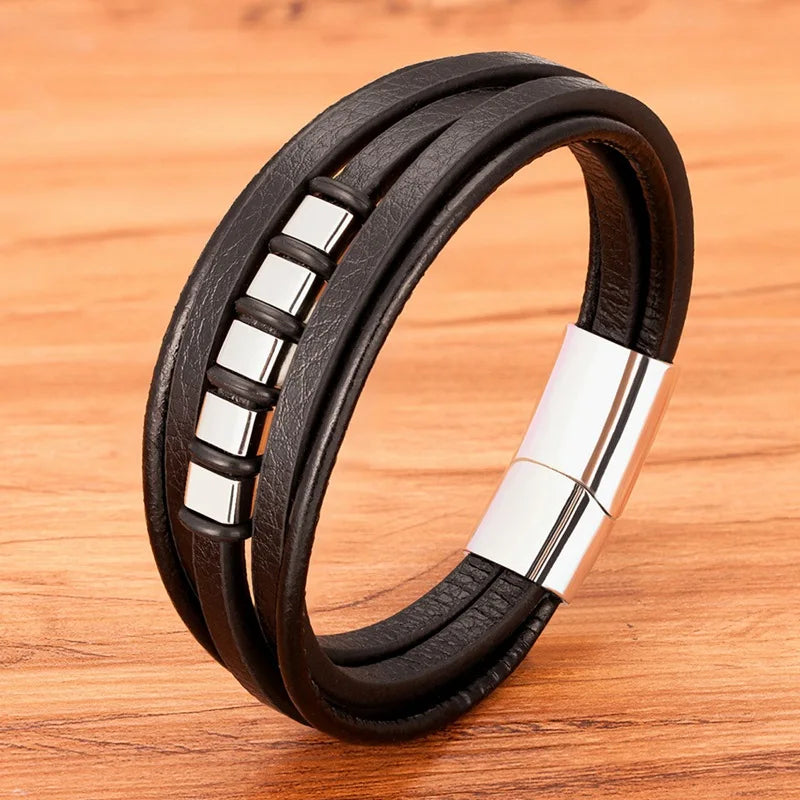 TYO Hot Sale Multilayer Braided Wrap Leather Bracelets For Men Stainless Steel Charm Magnetic Clasp Rock Handmade Bangles Gift
