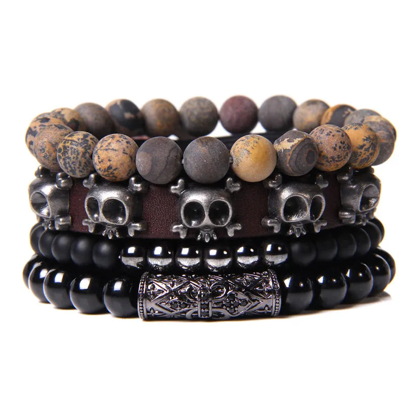 4Pcs/Set Natural Stone Bracelets Black Onyx Wood Hematite Beaded Bracelet Set For Men Vintage Cool Bangle Classic Pulsera Hombre