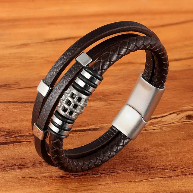 TYO Hot Sale Multilayer Braided Wrap Leather Bracelets For Men Stainless Steel Charm Magnetic Clasp Rock Handmade Bangles Gift