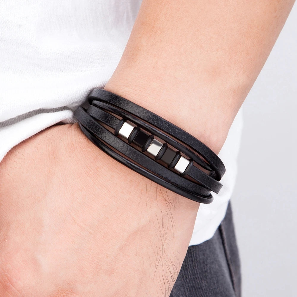 TYO Hot Sale Multilayer Braided Wrap Leather Bracelets For Men Stainless Steel Charm Magnetic Clasp Rock Handmade Bangles Gift