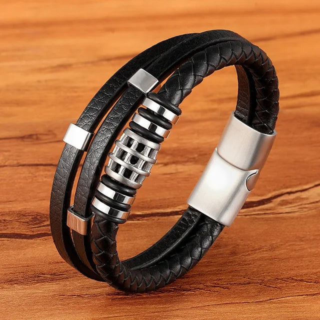TYO Hot Sale Multilayer Braided Wrap Leather Bracelets For Men Stainless Steel Charm Magnetic Clasp Rock Handmade Bangles Gift