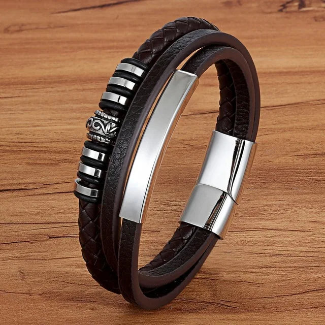 TYO Hot Sale Multilayer Braided Wrap Leather Bracelets For Men Stainless Steel Charm Magnetic Clasp Rock Handmade Bangles Gift