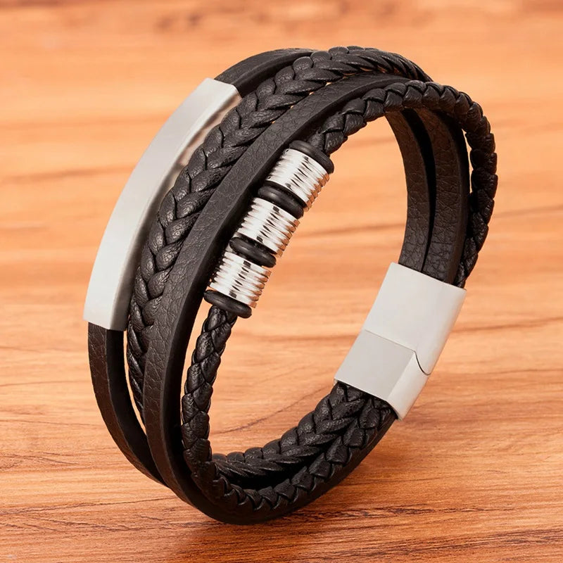 TYO Hot Sale Multilayer Braided Wrap Leather Bracelets For Men Stainless Steel Charm Magnetic Clasp Rock Handmade Bangles Gift