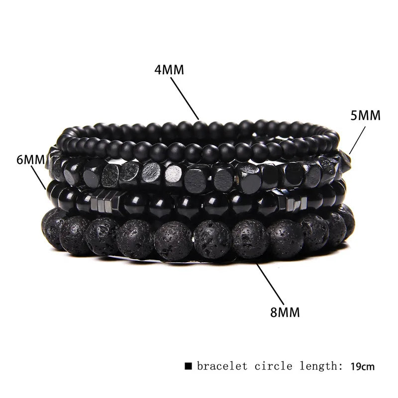 4Pcs/Set Natural Stone Bracelets Black Onyx Wood Hematite Beaded Bracelet Set For Men Vintage Cool Bangle Classic Pulsera Hombre