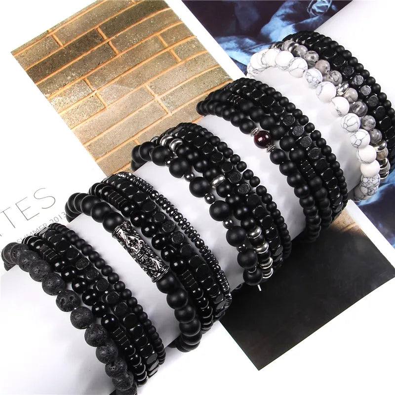 4Pcs/Set Natural Stone Bracelets Black Onyx Wood Hematite Beaded Bracelet Set For Men Vintage Cool Bangle Classic Pulsera Hombre