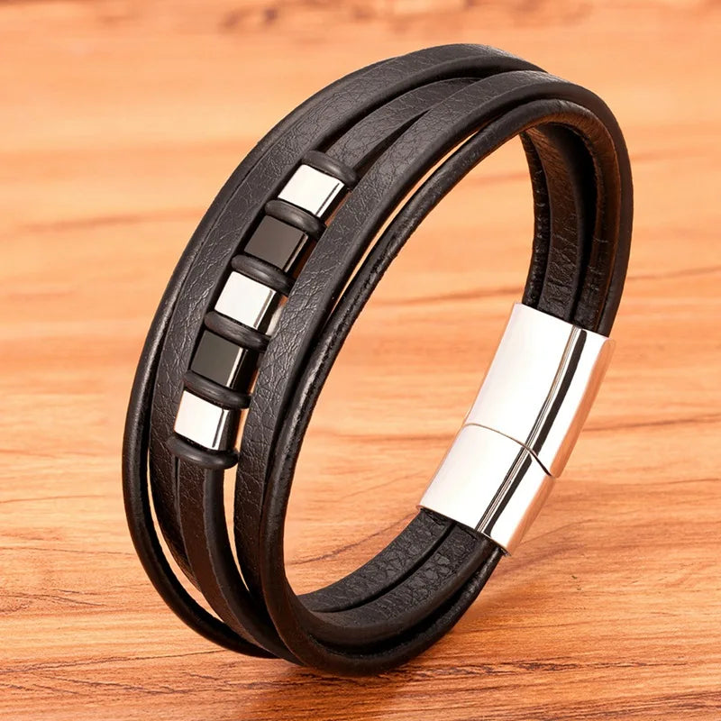 TYO Hot Sale Multilayer Braided Wrap Leather Bracelets For Men Stainless Steel Charm Magnetic Clasp Rock Handmade Bangles Gift