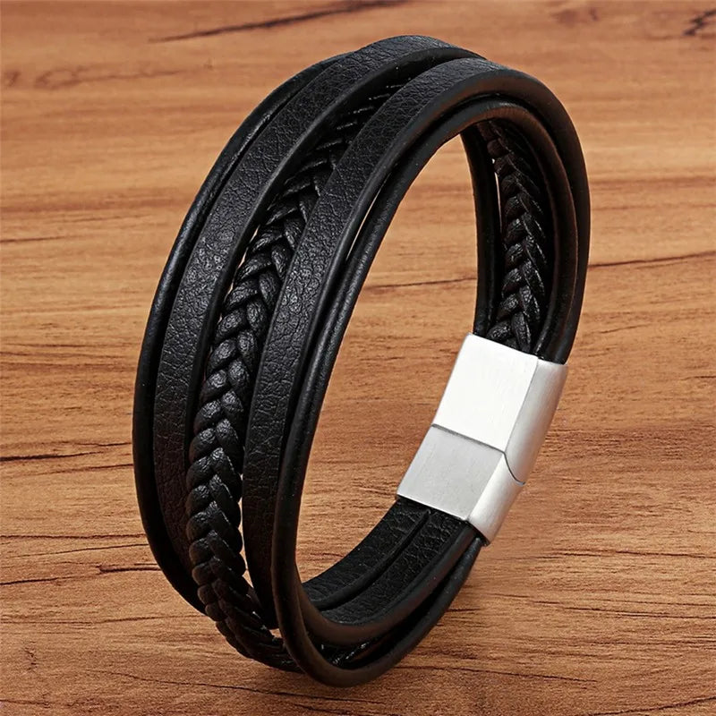 TYO Hot Sale Multilayer Braided Wrap Leather Bracelets For Men Stainless Steel Charm Magnetic Clasp Rock Handmade Bangles Gift