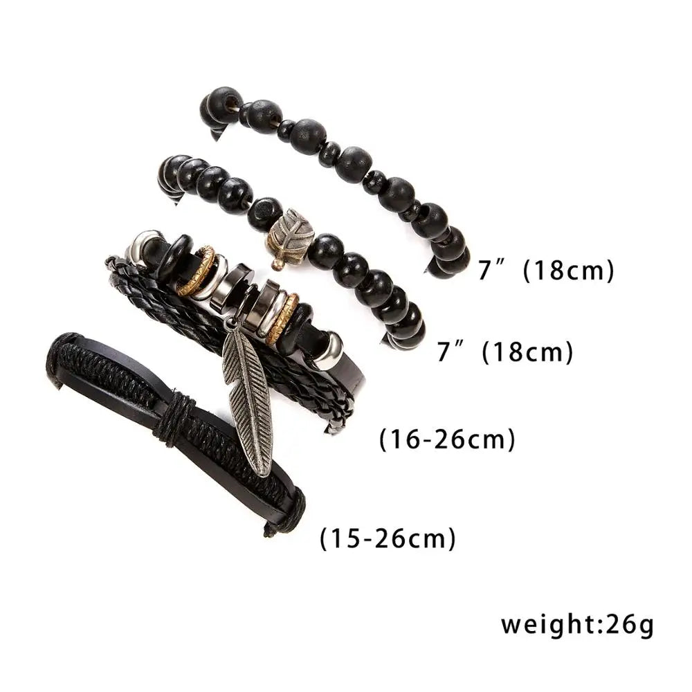 4PCS/SET Vintage Leaf Pendant Rice Beads Adjustable Rope Chain Bracelet Punk Braided Wrap Wristbands For Men Fashion Jewelry