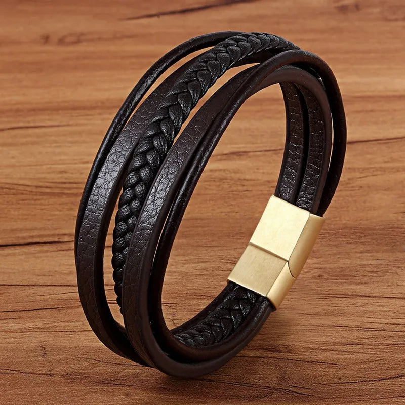 TYO Hot Sale Multilayer Braided Wrap Leather Bracelets For Men Stainless Steel Charm Magnetic Clasp Rock Handmade Bangles Gift