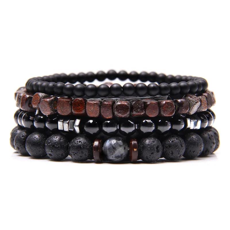 4Pcs/Set Natural Stone Bracelets Black Onyx Wood Hematite Beaded Bracelet Set For Men Vintage Cool Bangle Classic Pulsera Hombre