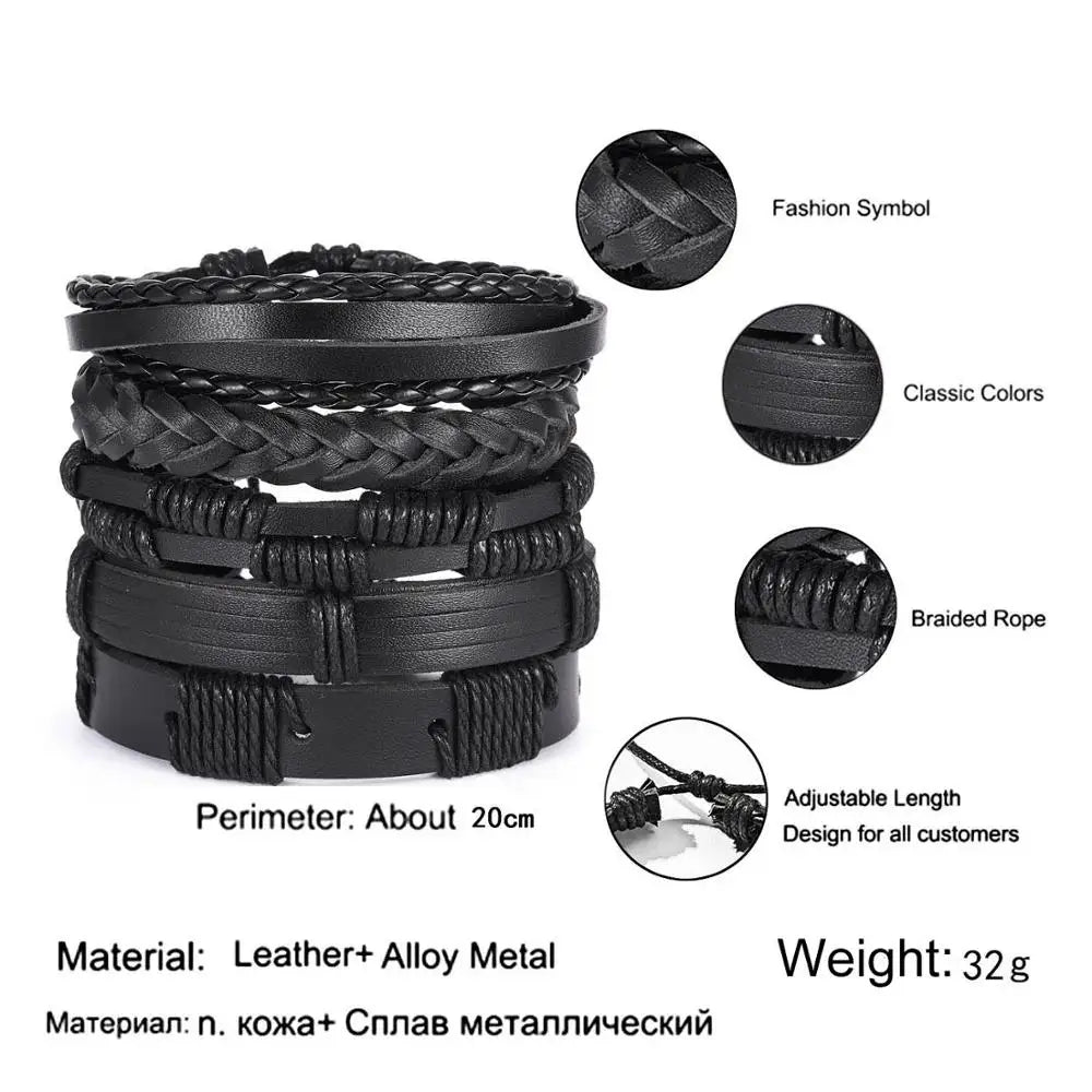 4PCS/SET Vintage Leaf Pendant Rice Beads Adjustable Rope Chain Bracelet Punk Braided Wrap Wristbands For Men Fashion Jewelry