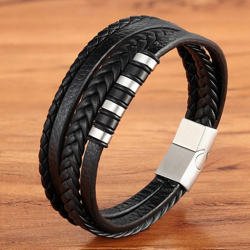TYO Hot Sale Multilayer Braided Wrap Leather Bracelets For Men Stainless Steel Charm Magnetic Clasp Rock Handmade Bangles Gift