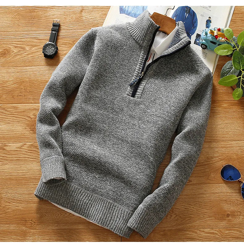 Winter Men's Fleece Thicker Sweater Half Zipper Turtleneck Warm Pullover Quality Male Slim Knitted Wool Sweaters for Spring