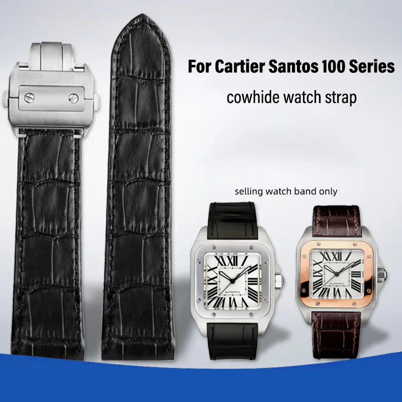 cowhide watch strap For Cartier Santos 100 Series Men And Women Folding Buckle black brown Watch band 20mm 23mm Replace bracelet