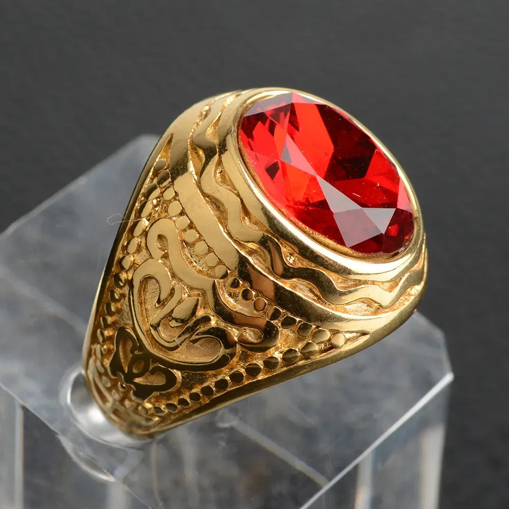 Handmade Navy Blue Stone Rings for Men Engraved Rock Punk Men's Stainless Steel Jewelry Boys Man Signet Ring Silver Gold Color