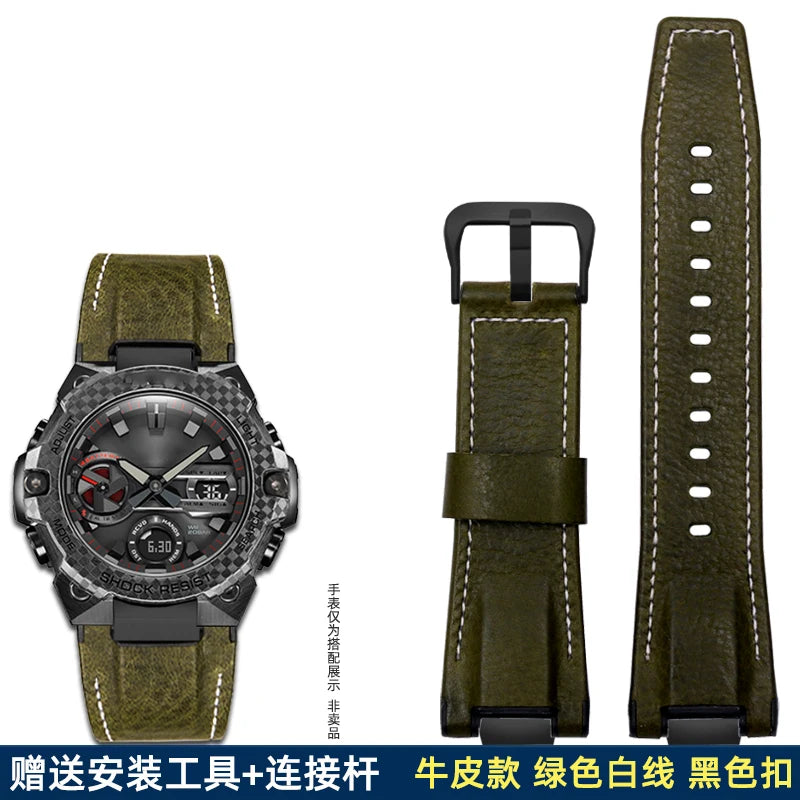 14mm Stainless Steel adapter Italian Genuine Leather Watchband For Casio G-Shock GST-B400 men cowhide Watch Strap nylon Bracelet