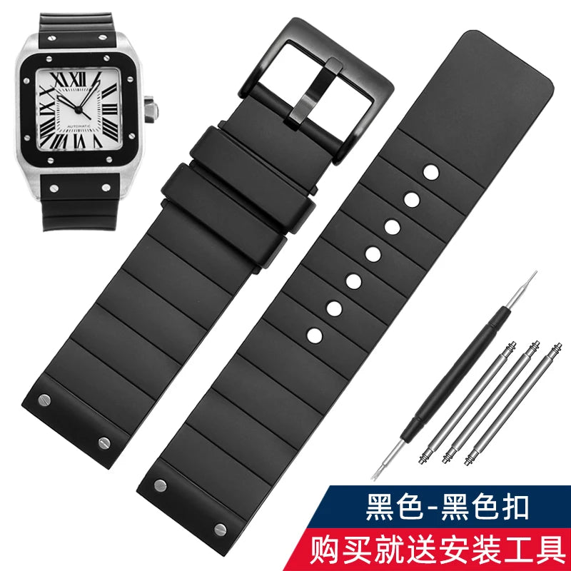 For Cartier Santos 100 rubber watch band black Rivet silicone strap 20mm 23mm watch band men women Brown blue soft bracelet