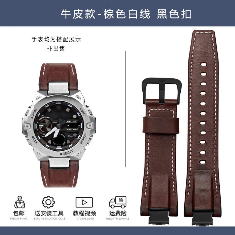 14mm Stainless Steel adapter Italian Genuine Leather Watchband For Casio G-Shock GST-B400 men cowhide Watch Strap nylon Bracelet