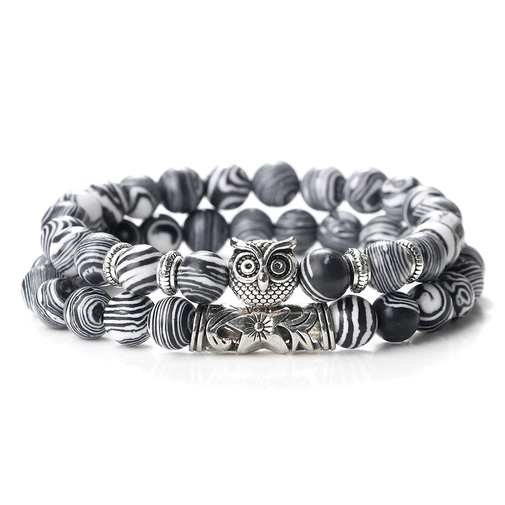Fashion Natural Stone Beads Bracelet For Men Classic Owl Beaded Black Lava Onyx Beads Charm Bracelets Women Jewelry Couples Gift