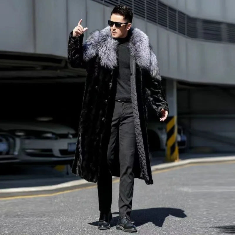Men's Faux Mink Coat Winter Long Fur Coat Black Color Warm Windbreaker Plus Size Fur Collar Luxur Brands Men's Clothing Jackets
