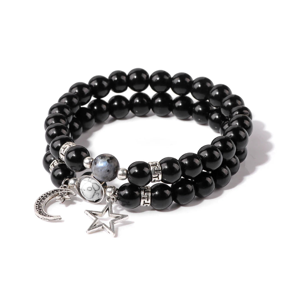 2pcs/set Star Moon Couples Labradorite Bracelet Natural Stone Black Onyx Opal Beads Stretch Bracelets for Women Men Jewelry Gift