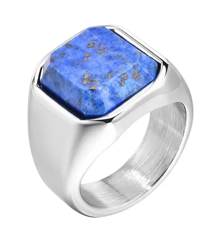 Vintage Men's Signet Rings Square Natural Tiger’s Eye Lapis Lazuli Stone Classic Male Stainless Steel Jewelry Gift for Boyfriend