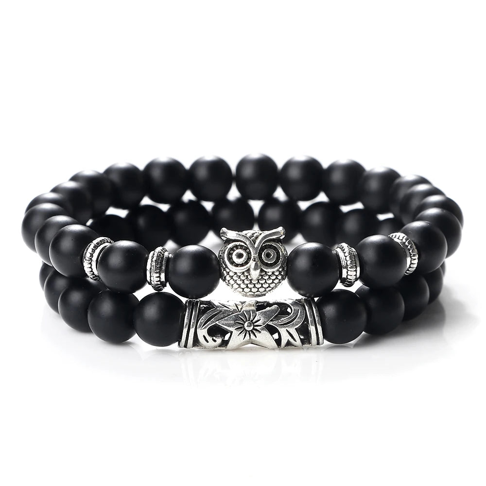 Fashion Natural Stone Beads Bracelet For Men Classic Owl Beaded Black Lava Onyx Beads Charm Bracelets Women Jewelry Couples Gift