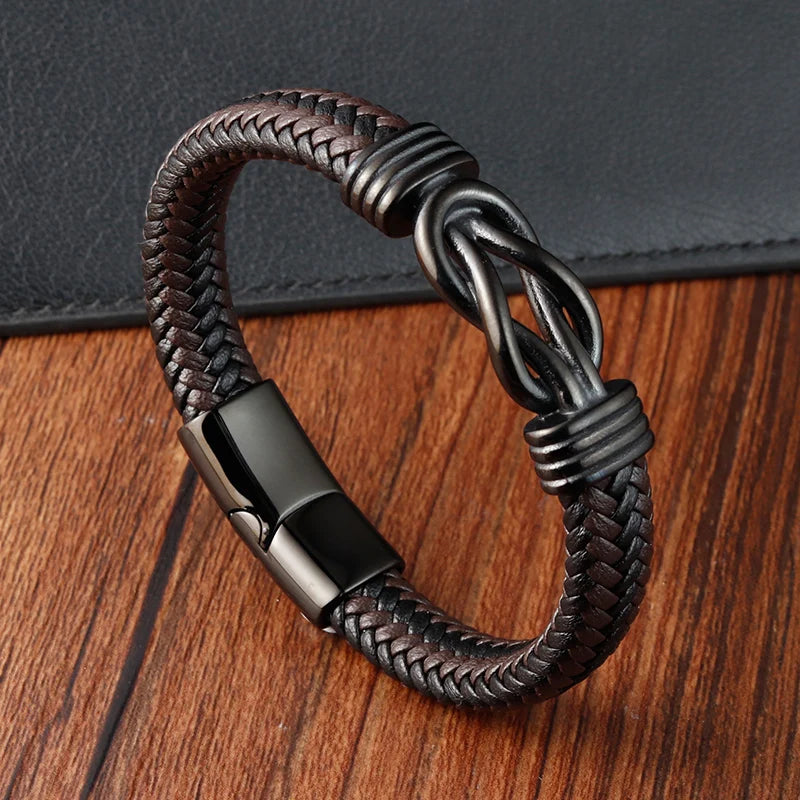 Brand Fashion Handmade Men's Leather Bracelet Trendy Classic Charm Braided Wrap Stainless Steel Bracelets Punk Bangles