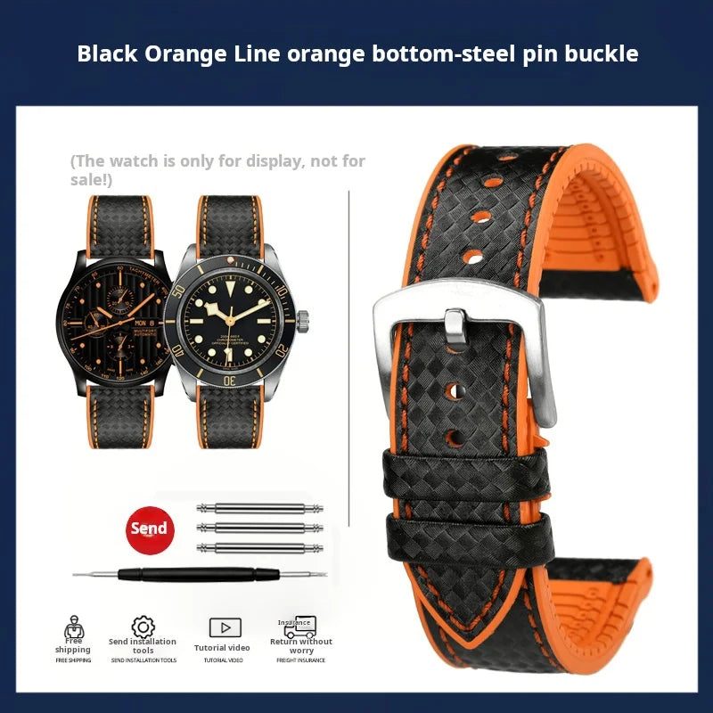 Men's Carbon Fiber Rubber Watchband For Omega SEAMASTER Tudor Black bay  Clasp Strap Watch band Men Orange White Red accessories